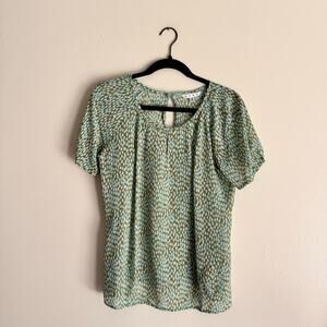 Cabi Blue Green Polka Dot Pebble Keyhole Short Sleeve Blouse - XS